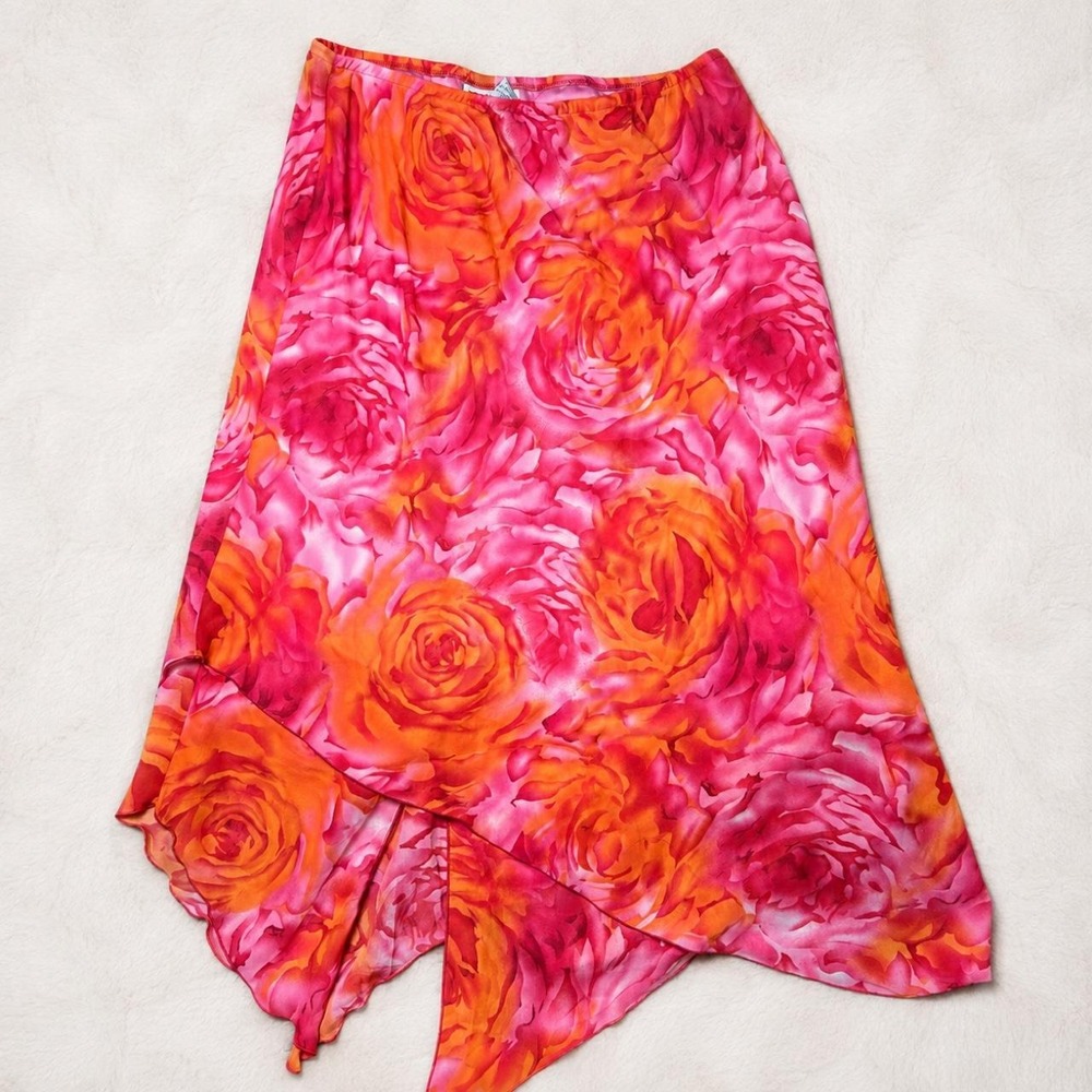 Y2K Pink & Orange Floral Asymmetrical Midi Skirt 🌺🩷